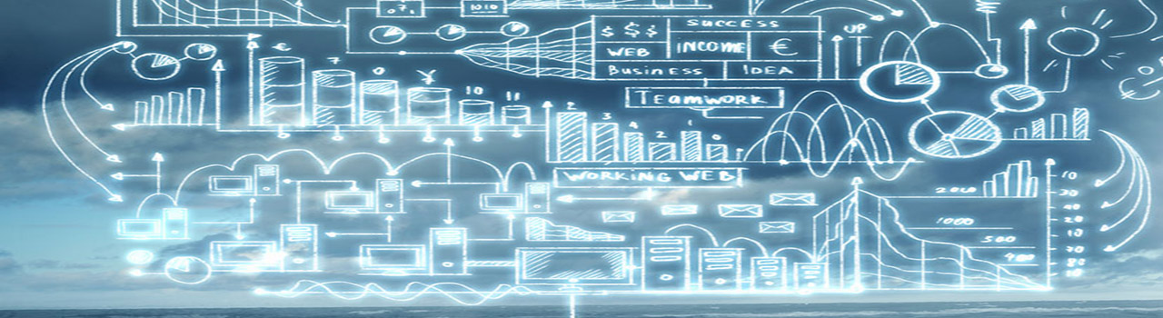 Back view image of young businessman standing against business sketch